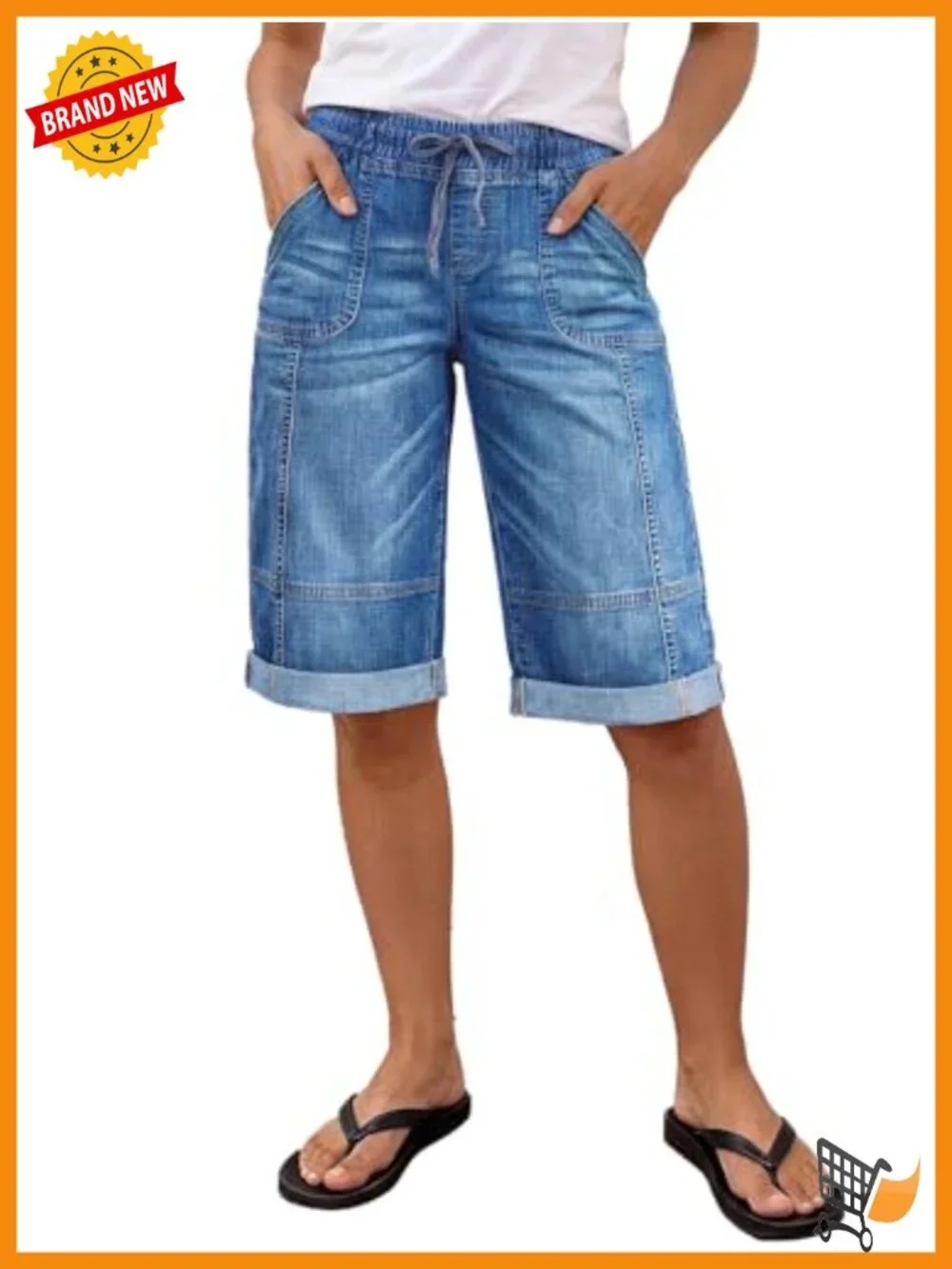 Mid Rise Straight Leg Bermuda Denim Shorts with Drawstring Wash Stitch Detail